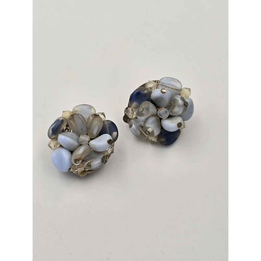Vintage West Germany Clip-On Earrings Blue Art Glass Cluster Beads Clear Accents